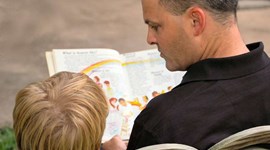 Dad reads a book to his son - photo taken from behind as if someone looking on