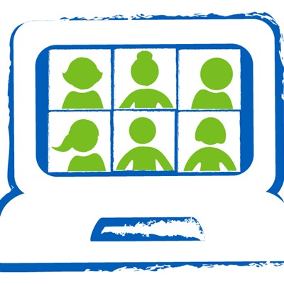 blue and green drawing of group video call on a laptop