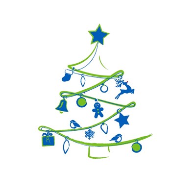 Graphic of blue and green christmas tree outline