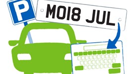 Icon of parked car and licence plate with arrow pointing to keyboard