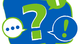 Speech bubble graphic to illustrate the idea of a public question with question marks and information icons