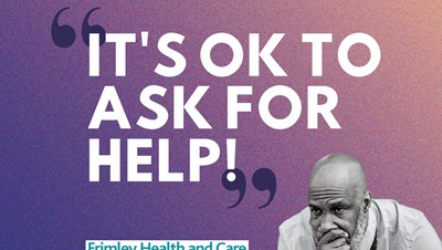 NHS campaign graphic with the words 'It's OK to Ask for Help' and image of pensive older man