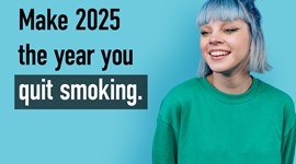 Young adult smiling, with the text displayed: "Make 2025 the year you quit smoking. We can help you quit for good."