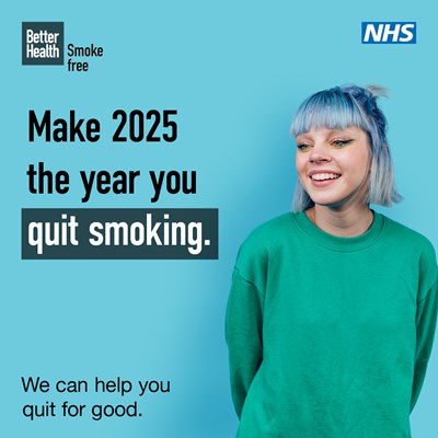 Young adult smiling, with the text displayed: "Make 2025 the year you quit smoking. We can help you quit for good."