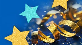 A graphic with stars and confetti